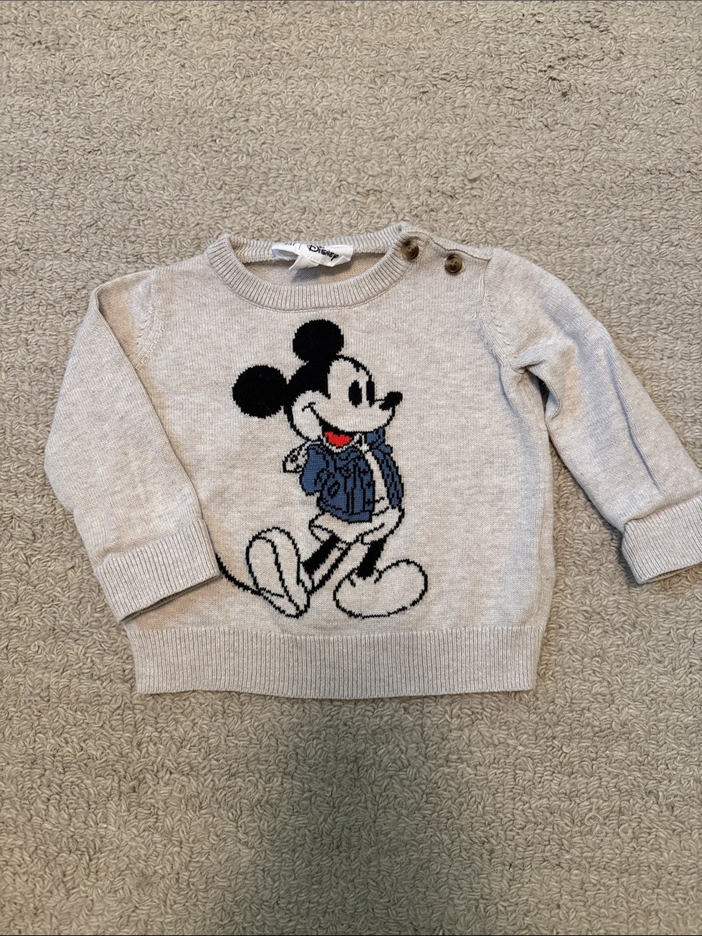 GAP x Disney oatmeal Knit Mickey Mouse Sweater with Blue Jacket Accent